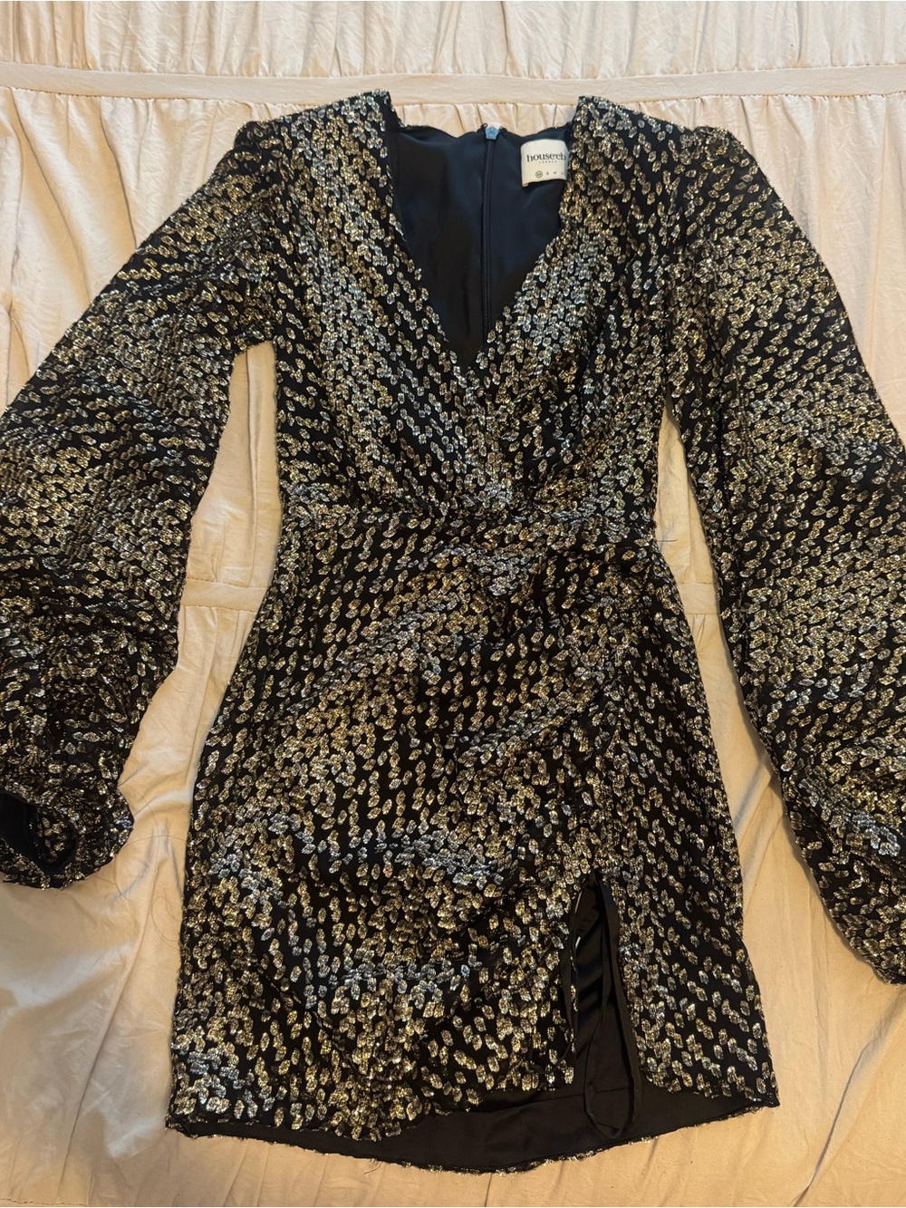 House of CB Black and Gold Sequin Wrap Mini Dress